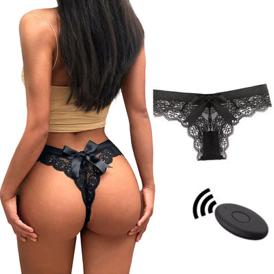 Lenjerie cu vibratii 2 in 1 LovePlay™ OurSecret, cu vibrator incorporat, 10 tipuri diferite de vibratie, control de la distanta prin telecomanda, din dantela, negru, talie 72-82cm, solduri 86-90cm - LovePlay