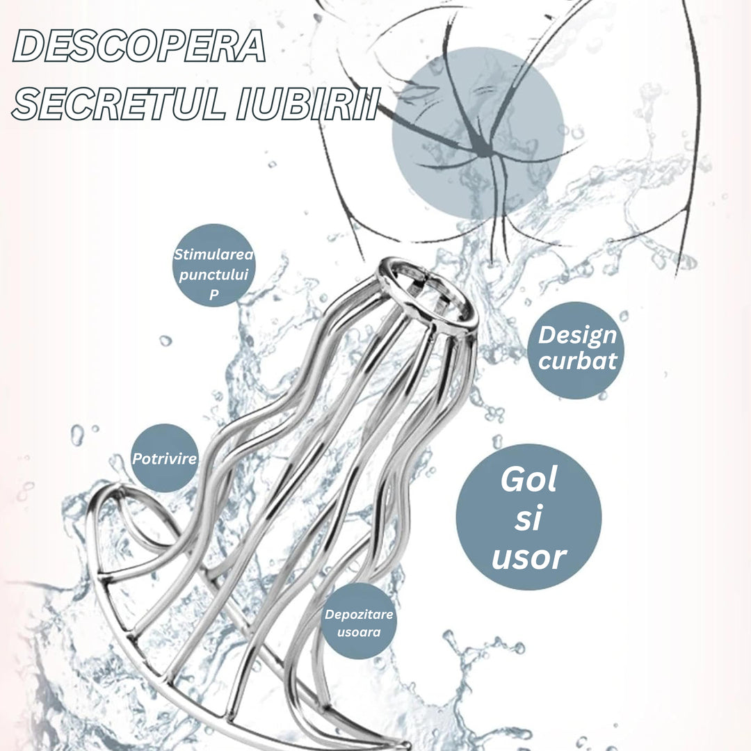 Dop anal LovePlay Hollow, din otel inoxidabil, gol in interior, cu forme reliefate pentru placere intensa, argintiu, lungime 70 mm, diametru 45 mm - LovePlay