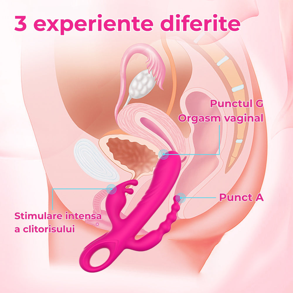 Vibrator triplu LovePlay™ BunnyBurst cu 3 functii diferite si 3 motoare independente, stimulare simultana punct G, A si clitoris, din silicon ultra-moale, flexibil, incarcare USB, design silentios si rezistent la apa - LovePlay
