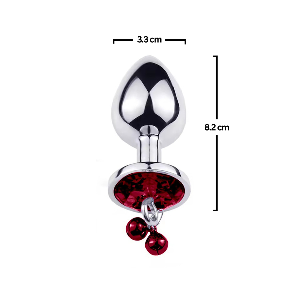 Dop anal Obsessia GoodGirl, cu clopoței și bijuterie roșie, oțel inoxidabil, M, 8.2 x 3.3 cm, argintiu