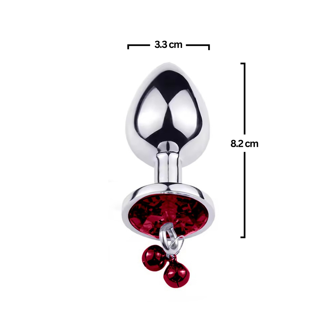Dop anal Obsessia GoodGirl, cu clopoței și bijuterie roșie, oțel inoxidabil, M, 8.2 x 3.3 cm, argintiu