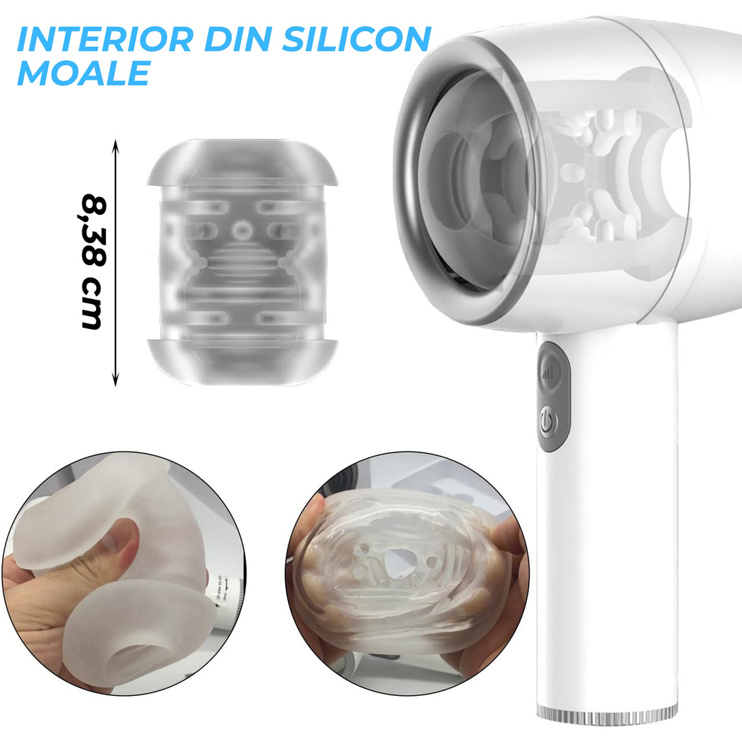 Masturbator automat Obsessia® ThunderPulse, cu miscare telescopica si control sensibil la presiune, 3 trepte de viteza, captuseala din silicon moale, incarcare magnetica, usor de curatat, alb, jucarii sexuale premium