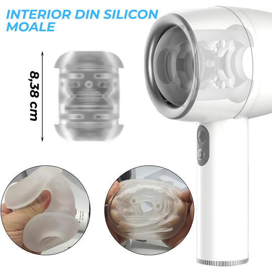 Masturbator automat Obsessia® ThunderPulse, cu miscare telescopica si control sensibil la presiune, 3 trepte de viteza, captuseala din silicon moale, incarcare magnetica, usor de curatat, alb, jucarii sexuale premium