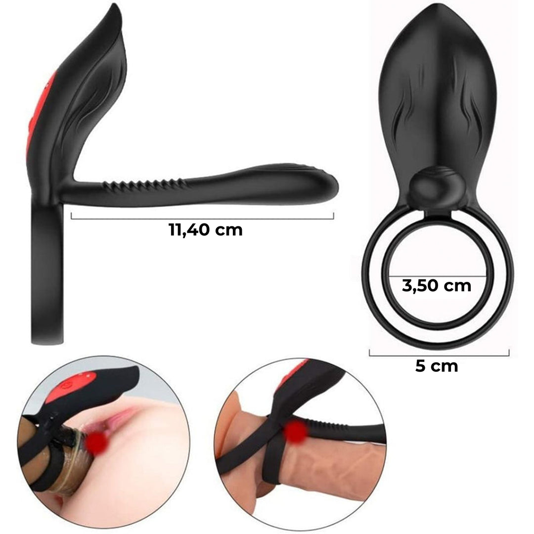 Inel pentru penis Obsessia® DuoPulse cu 10 moduri vibrație, stimulare dublă, telecomandă, negru