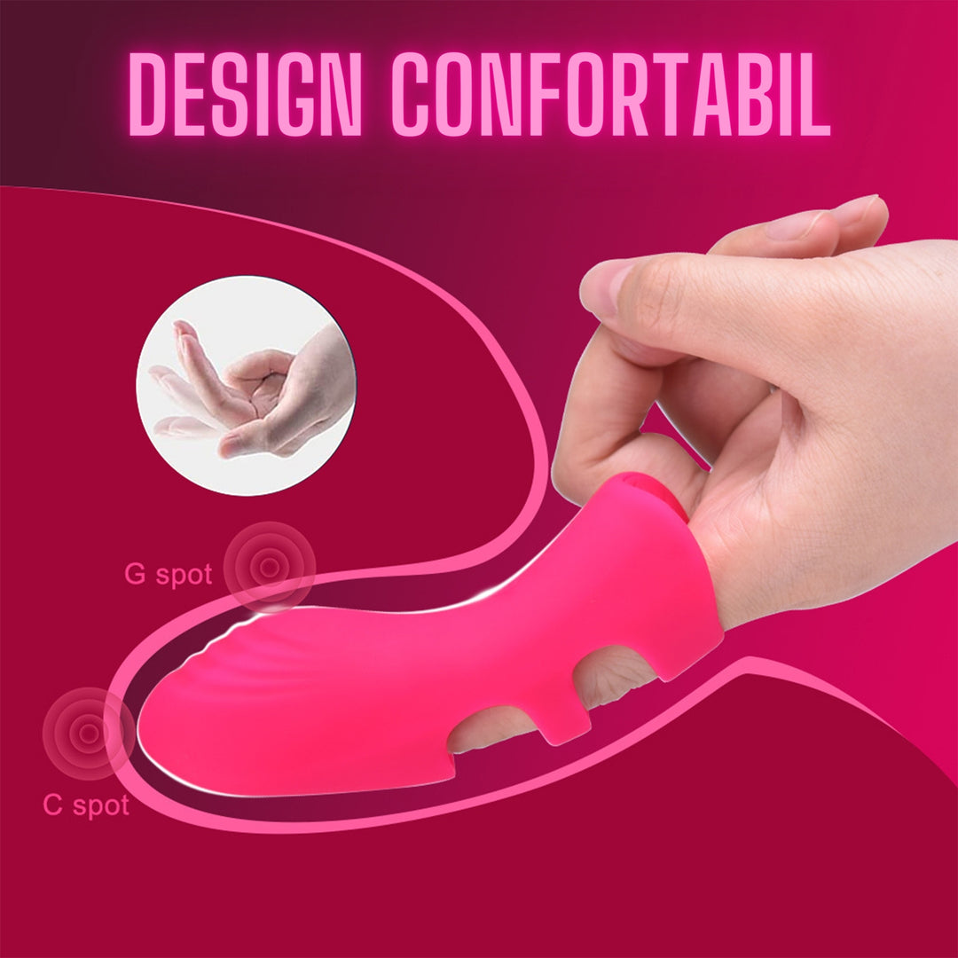 Vibrator LovePlay™ FingerVibe atasabil, cu 10 tipuri de vibratie diferite, rezistent la apa, silentios, incarcare prin USB, stimulare punct G si C, de dimensiuni mici, usor de transportat, din silicon, roz, elastic, 10, 5 x 3, 7 cm - LovePlay