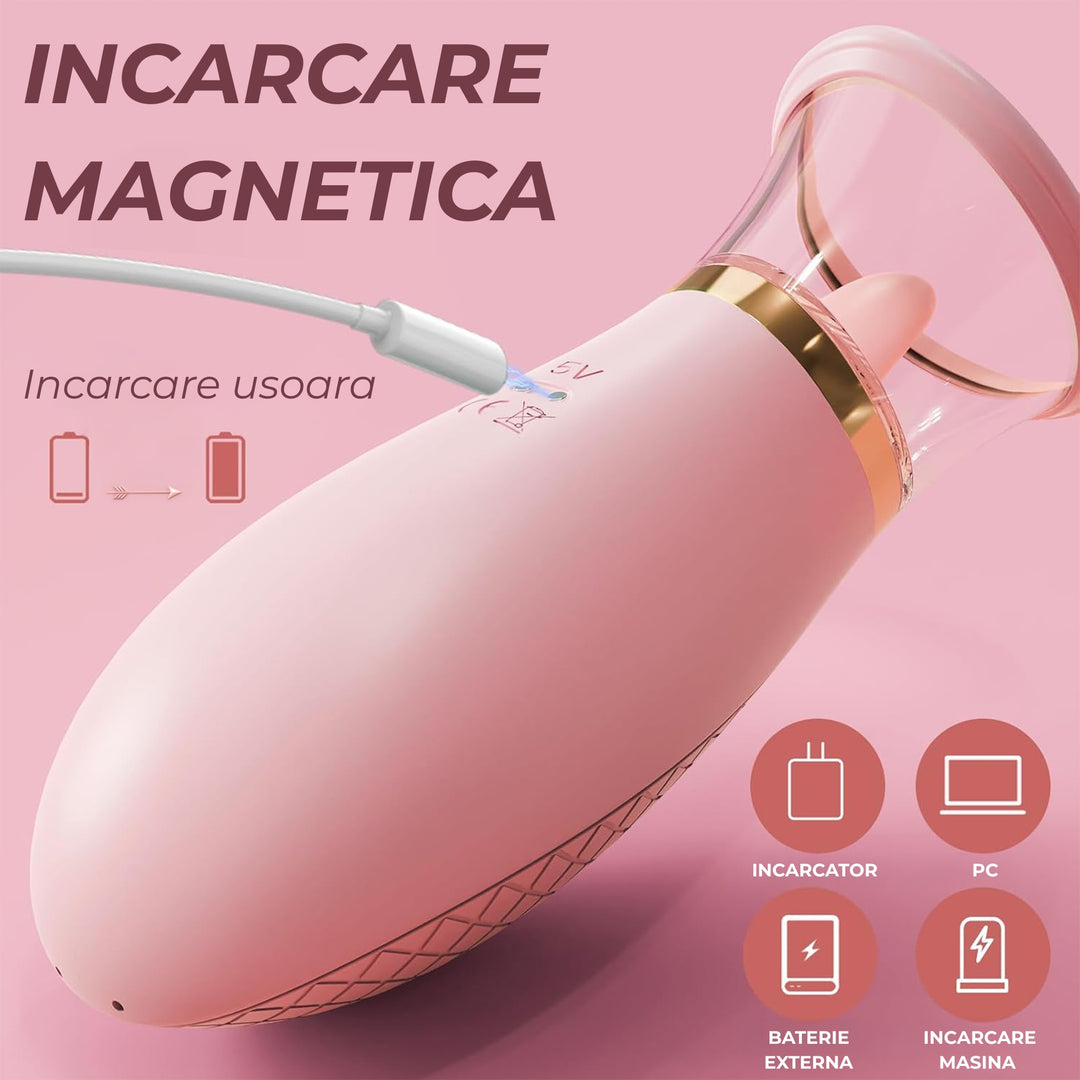 Vibrator Obsessia® VelvetKiss, cu 9 moduri de vibratie & 3 moduri de suctiune, dubla stimulare tip limba + aer-pulse, din silicon moale, reincarcabil USB, jucarii sexuale pentru femei, rezistent la apa IPX6, roz