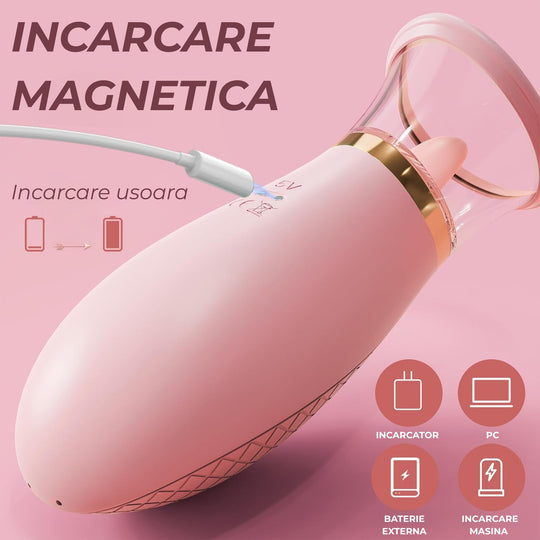 Vibrator Obsessia® VelvetKiss, cu 9 moduri de vibratie & 3 moduri de suctiune, dubla stimulare tip limba + aer-pulse, din silicon moale, reincarcabil USB, jucarii sexuale pentru femei, rezistent la apa IPX6, roz