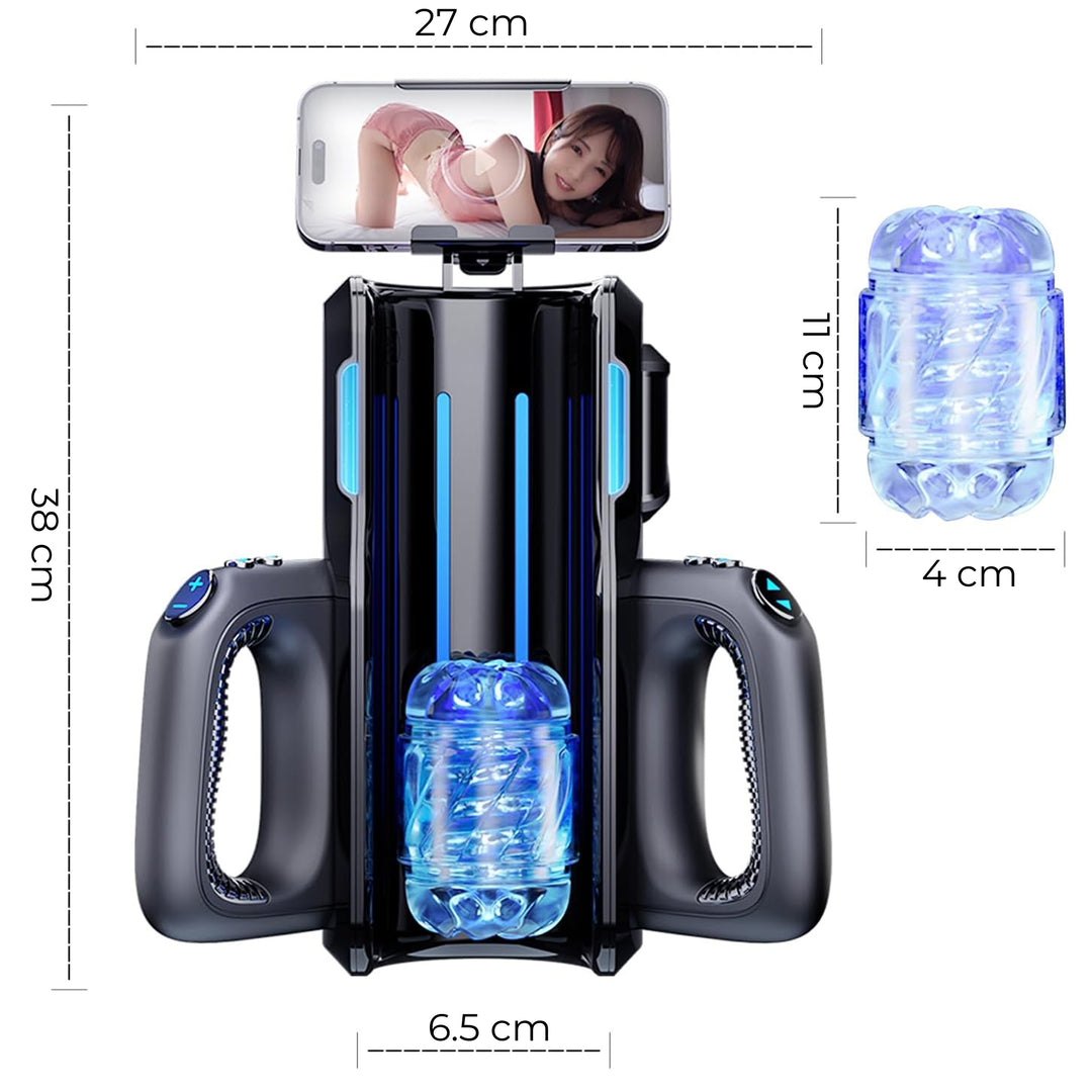 Masturbator Automat LovePlay™ ThrustPro, cu 700 miscari/minut, 10 moduri de suctiune si incalzire 360°, cu sunete interactive, manere si mansoane duble, incarcare USB - LovePlay