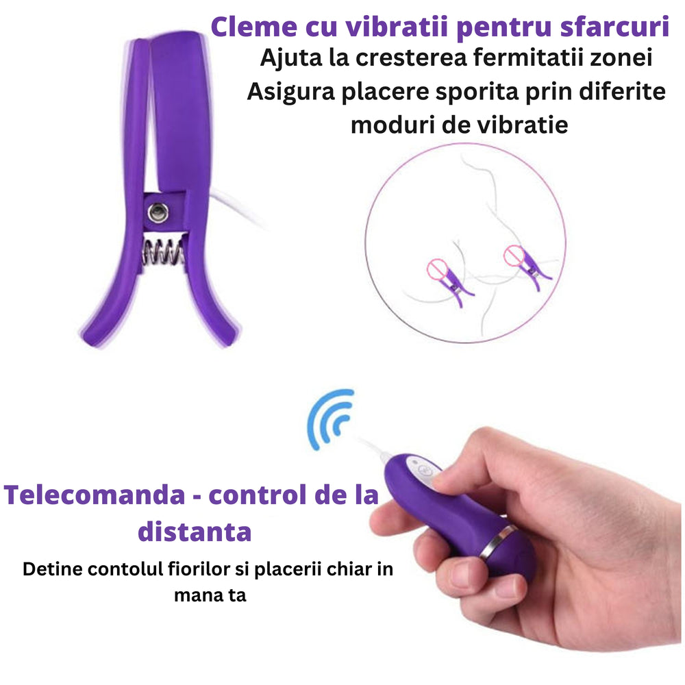 Vibrator LovePlay™ 2 in 1 NippleLove, 10 tipuri diferite de vibratie, cu clips pentru sfarcuri, stimularea clitorisului si a sanilor, silentios, rezistent la apa, control prin telecomanda, din silicon, mov - LovePlay