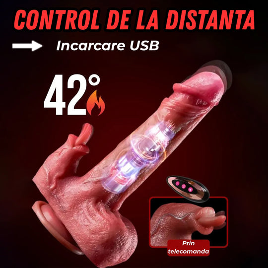 Dildo Ultra-Realistic Dual LovePlay DoubleHim, cu 10 tipuri diferite de vibratie, cu stimulare clitoridiana, control de la distanta prin telecomanda, cu vene proeminente, incarcare USB, rezistent la apa, din silicon, 21 cm - LovePlay