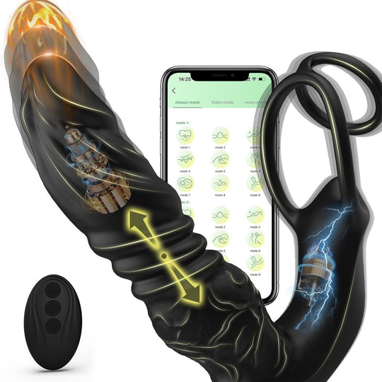 Vibrator anal Obsessia® PowerThrust, 5 în 1 cu inel, mișcare telescopică, 9 moduri vibrație, control prin aplicație, negru