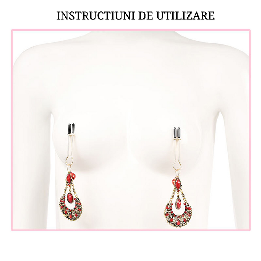 Clesti aurii LovePlay™ LittleBell, pentru sfarcuri, din otel inoxidabil, tip cercei, cu clopotei rosii - LovePlay