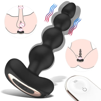 Vibrator anal si vaginal LovePlay™ BackDoor cu 9 moduri de vibratie, control prin telecomanda, flexibil cu striatii sferice, din silicon moale non-toxic, cu incarcare USB, design silentios, rezistent la apa, lungime inserabila 15.6 cm - LovePlay
