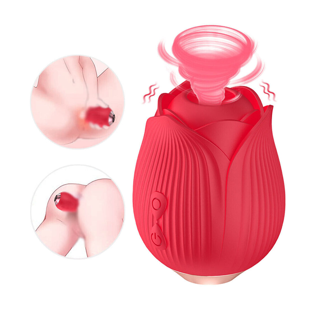 Vibrator LovePlay™ RedRose, cu 10 moduri de vibratie diferite, functie de suctiune, pentru stimularea sanilor si a clitorisului, design discret, rezistent la apa, rosu, reincarcabil prin cablu usb - LovePlay