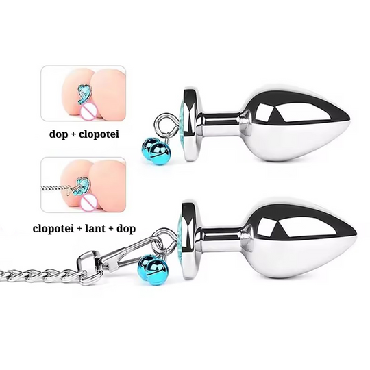 Set dop anal si lesa LovePlay™ GoodGirl, din otel inoxidabil si piele, cu clopotei, rezistent la apa, albastru, lungime 70 mm, diametru 27 mm - LovePlay