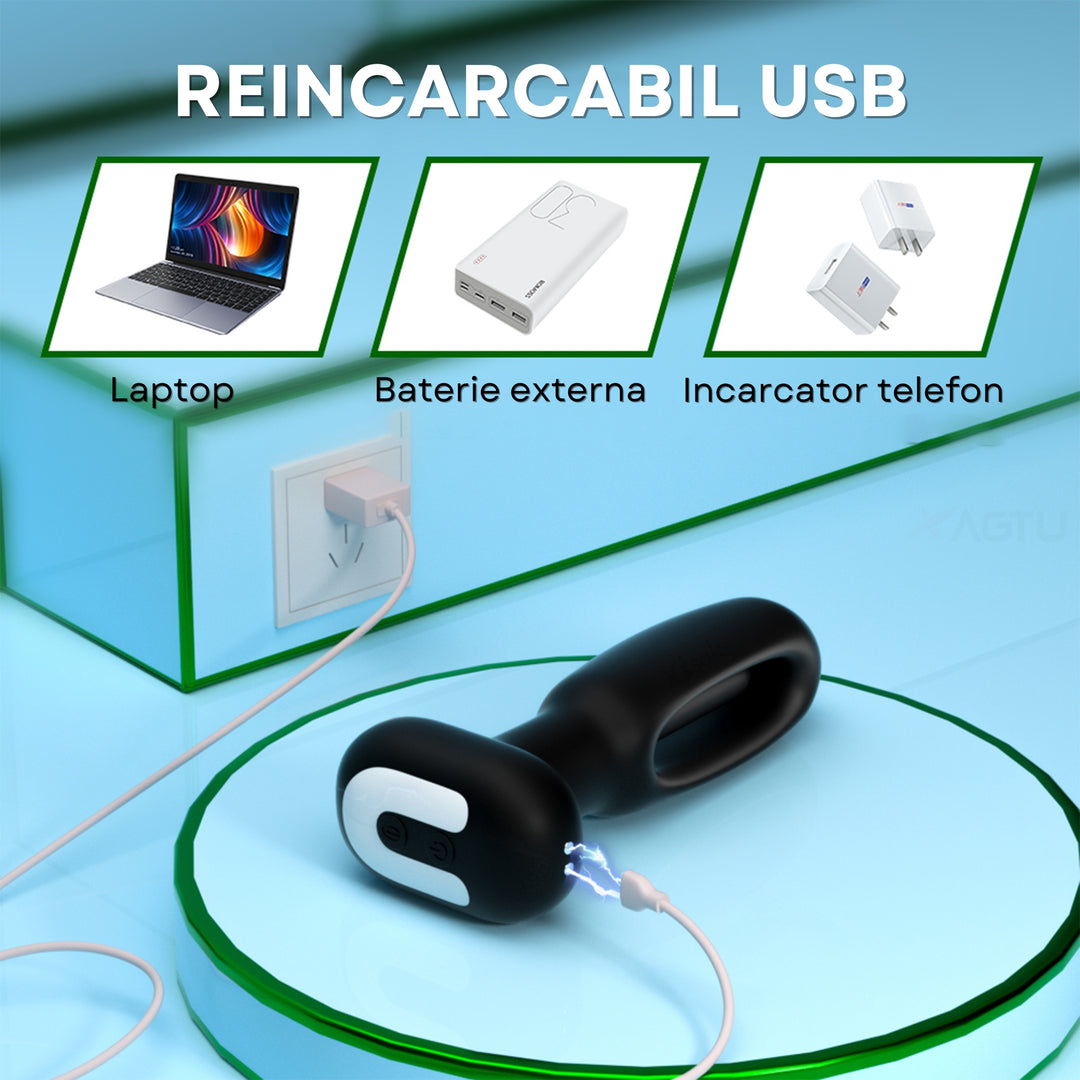 Vibrator LovePlay™ Anal Butt Plug, cu 9 moduri diferite de tapping, silentios, incarcare USB, design discret, din silicon, 14x2.5x8.5 cm - LovePlay