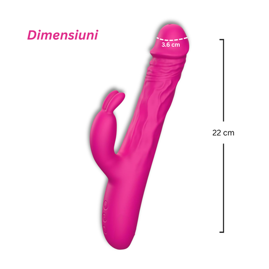 Vibrator Obsessia® Bunny, stimulare dublă clitoris și punct G, 10 moduri de vibrație, lungime inserabilă 14 cm, silicon premium, roz