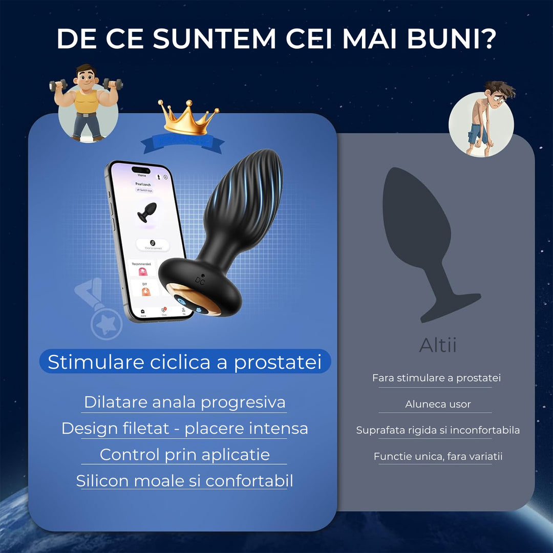 Dop Anal LovePlay™ TwistGasm, cu 7 moduri de rotatii, 7 moduri de vibratii, pentru stimulare anala si punct G, control prin aplicatie, telecomanda, rezistent la apa, din silicon, negru, diametru 35 mm - LovePlay