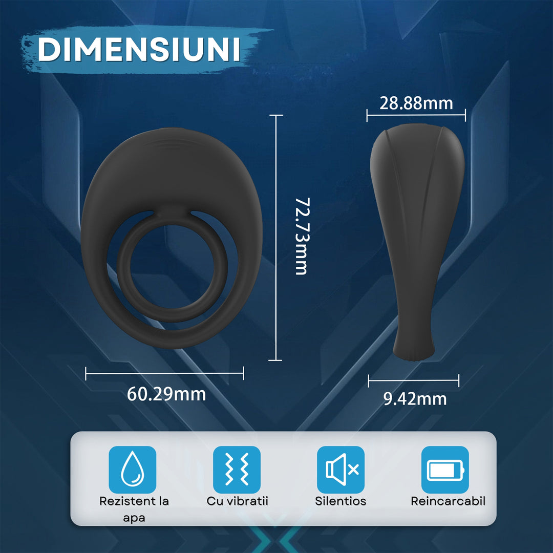 Inel de penis Obsessia® StayHard, 10 moduri de vibrație, efect de întârziere a ejaculării, reîncărcabil USB, rezistent la apă, silențios, albastru