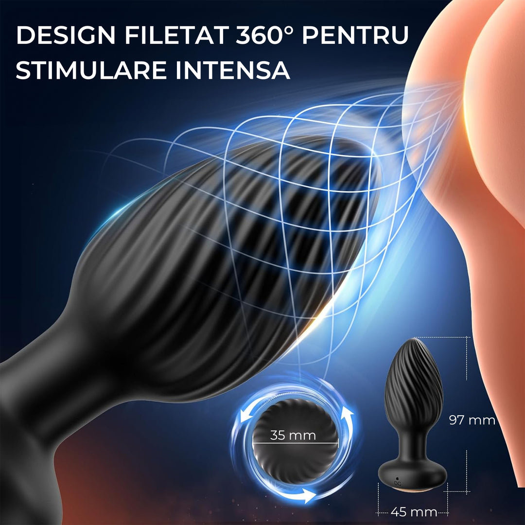 Dop Anal LovePlay™ TwistGasm, cu 7 moduri de rotatii, 7 moduri de vibratii, pentru stimulare anala si punct G, control prin aplicatie, telecomanda, rezistent la apa, din silicon, negru, diametru 35 mm - LovePlay