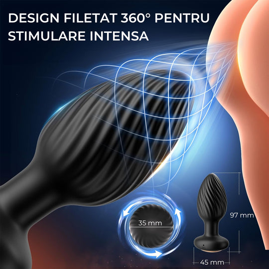 Dop Anal LovePlay™ TwistGasm, cu 7 moduri de rotatii, 7 moduri de vibratii, pentru stimulare anala si punct G, control prin aplicatie, telecomanda, rezistent la apa, din silicon, negru, diametru 35 mm - LovePlay