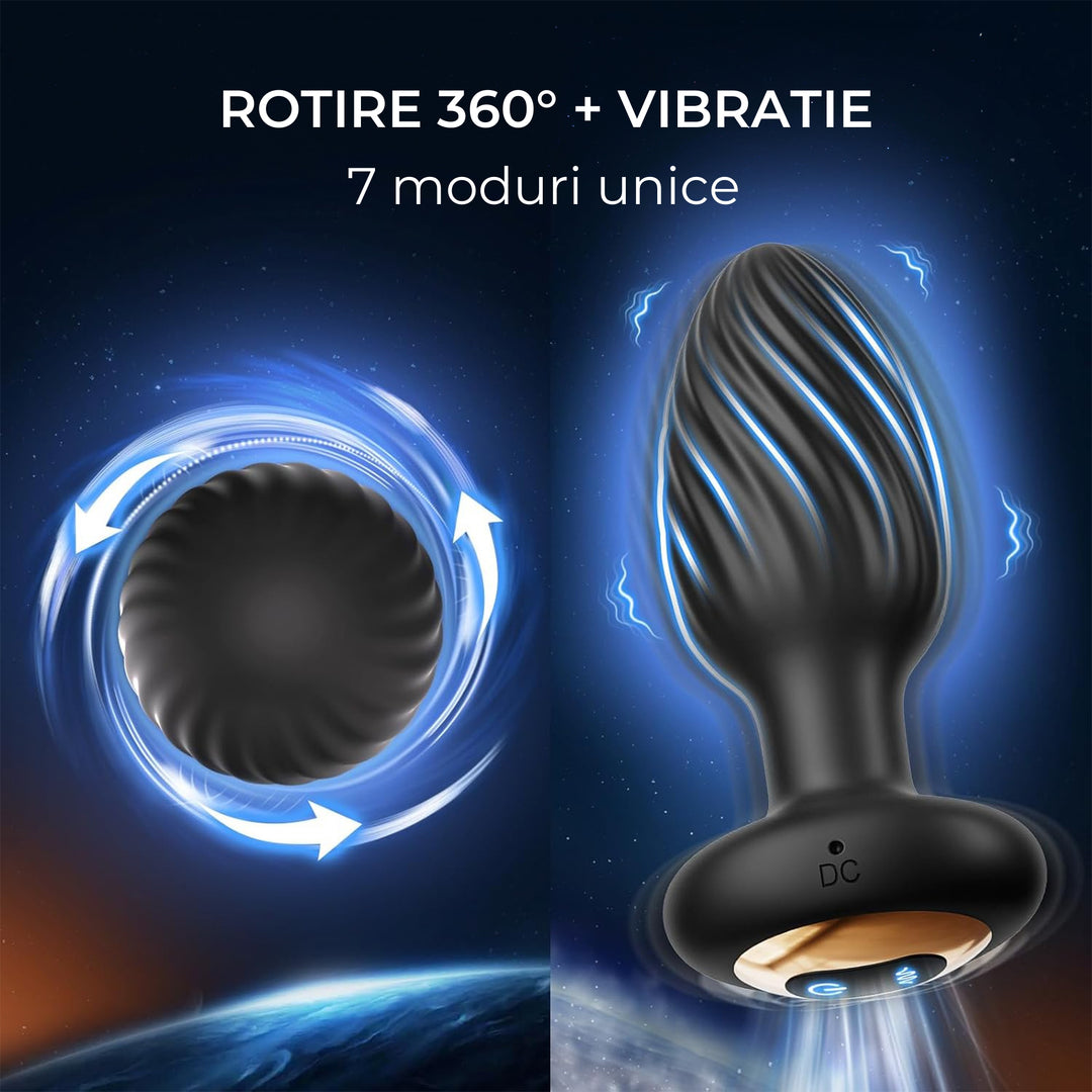 Dop Anal LovePlay™ TwistGasm, cu 7 moduri de rotatii, 7 moduri de vibratii, pentru stimulare anala si punct G, control prin aplicatie, telecomanda, rezistent la apa, din silicon, negru, diametru 35 mm - LovePlay