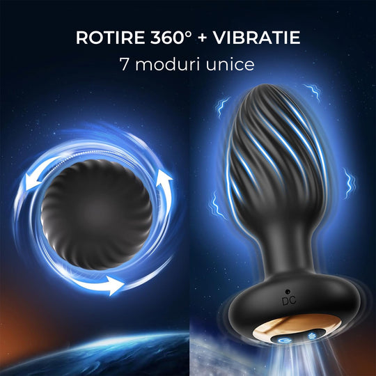Dop Anal LovePlay™ TwistGasm, cu 7 moduri de rotatii, 7 moduri de vibratii, pentru stimulare anala si punct G, control prin aplicatie, telecomanda, rezistent la apa, din silicon, negru, diametru 35 mm - LovePlay