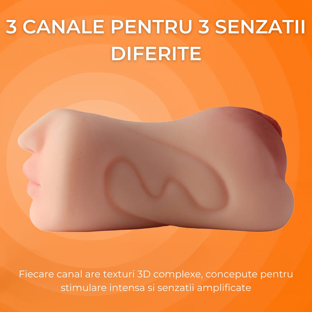 Masturbator ultra-realist 3 gauri LovePlay™ MissHer, din silicon premium non-toxic, stimulare orala si efect deep throat, canal oral, vaginal si anal cu striatii 3D, design turnat pe model real, usor de curatat, rezistent la apa - LovePlay