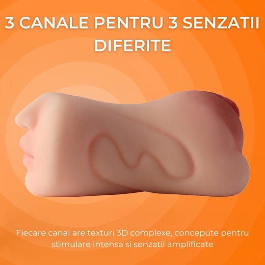 Masturbator ultra-realist 3 gauri LovePlay™ MissHer, din silicon premium non-toxic, stimulare orala si efect deep throat, canal oral, vaginal si anal cu striatii 3D, design turnat pe model real, usor de curatat, rezistent la apa - LovePlay