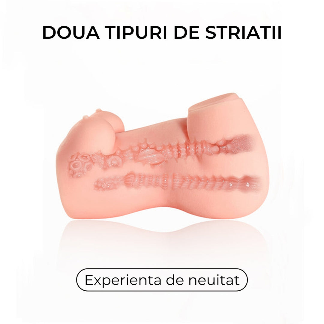 Masturbator Loveplay™ Mini SexDoll, din silicon non-toxic, design realist, textura 3D, cu canal vaginal si anal, usor de curatat, rezistent la apa, discret - LovePlay
