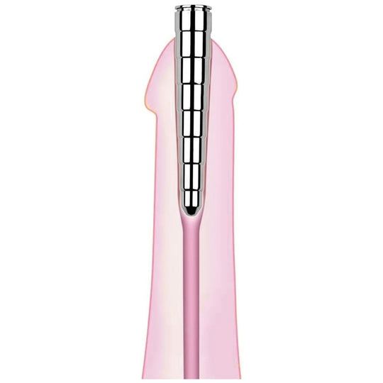 Cross-section illustration of a metallic imitation urethral sound inside a pink silicone sheath