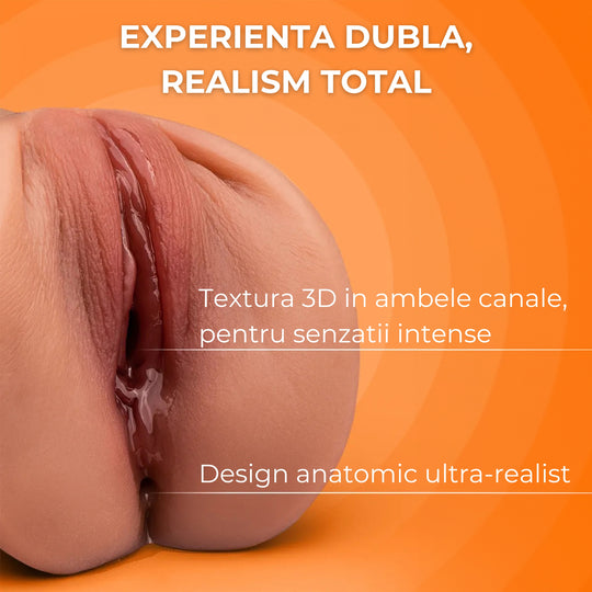 Masturbator LovePlay™ MissHer, ultra-realist, canal vaginal si anal, cu striatii 3D, din silicon premium non-toxic, design anatomic, usor de curatat, rezistent la apa - LovePlay