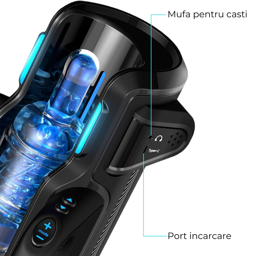 Masturbator Automat LovePlay™ ThrustPro, cu 700 miscari/minut, 10 moduri de suctiune si incalzire 360°, cu sunete interactive, manere si mansoane duble, incarcare USB - LovePlay