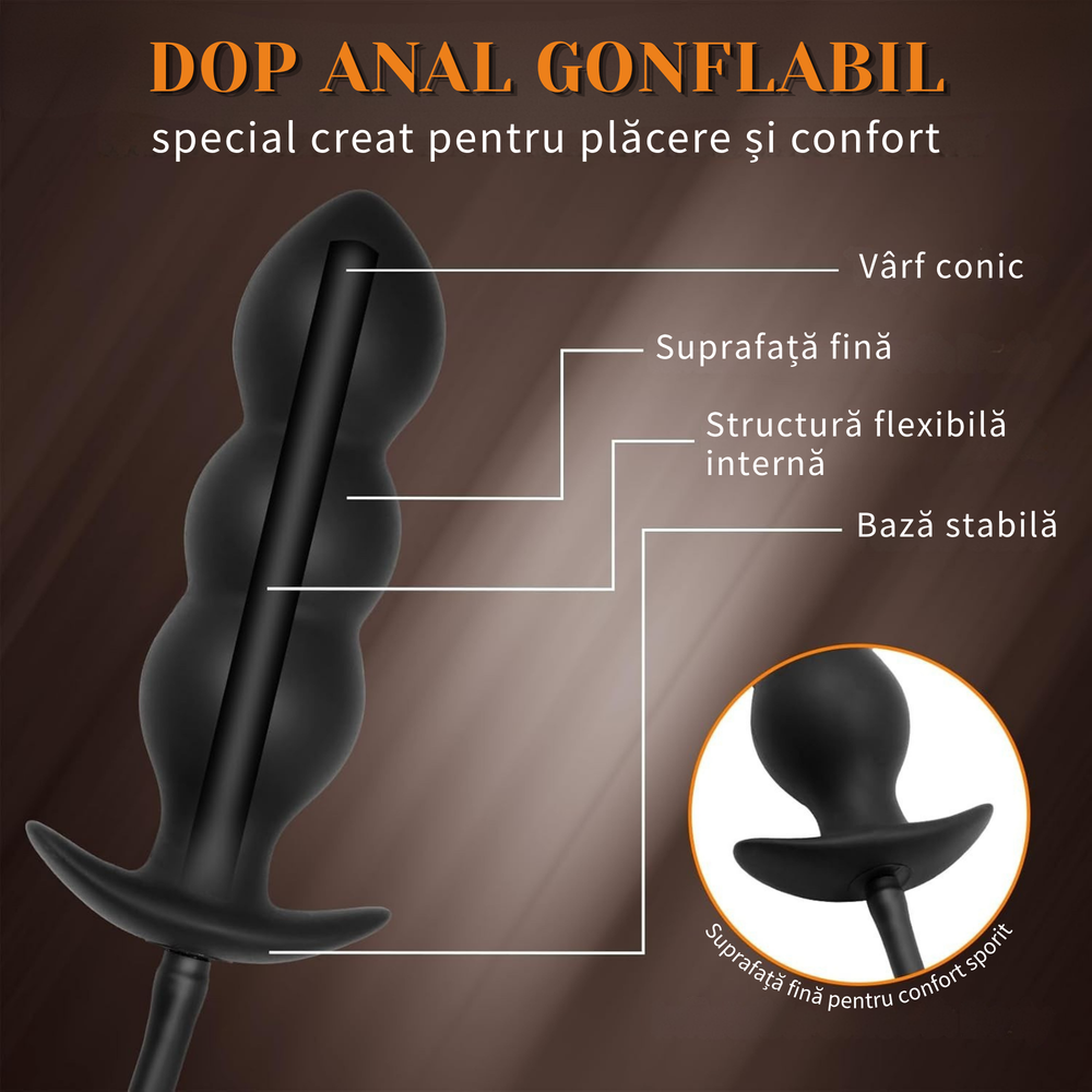 Dop anal gonflabil Obsessia® AirPlug, control manual al dimensiunii, design ergonomic, bază de siguranță, negru
