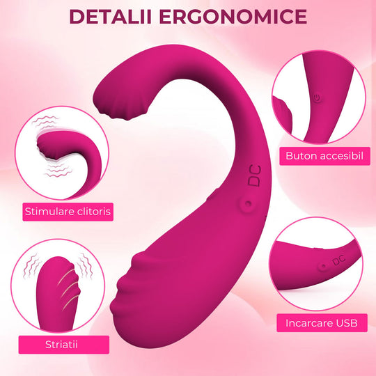 Vibrator 2in1 LovePlay™ Delfy, cu 9 tipuri diferite de vibratie, cu striatii, pentru stimulare vaginala si clitoridiana, rezistent la apa, control de la distanta prin aplicatie, incarcare USB, 9.2 x 1.8 cm - LovePlay