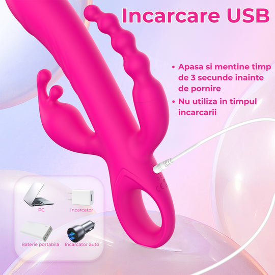 Vibrator triplu LovePlay™ BunnyBurst cu 3 functii diferite si 3 motoare independente, stimulare simultana punct G, A si clitoris, din silicon ultra-moale, flexibil, incarcare USB, design silentios si rezistent la apa - LovePlay