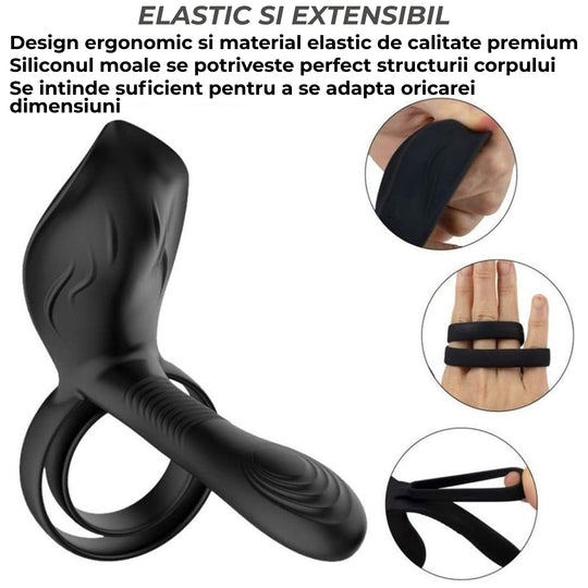 Inel pentru penis Obsessia® DuoPulse cu 10 moduri vibrație, stimulare dublă, telecomandă, negru