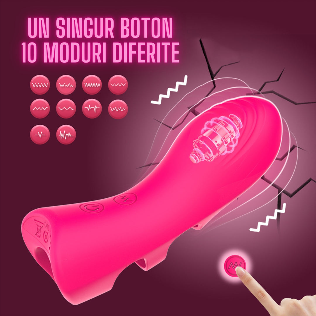 Vibrator LovePlay™ FingerVibe atasabil, cu 10 tipuri de vibratie diferite, rezistent la apa, silentios, incarcare prin USB, stimulare punct G si C, de dimensiuni mici, usor de transportat, din silicon, roz, elastic, 10, 5 x 3, 7 cm - LovePlay
