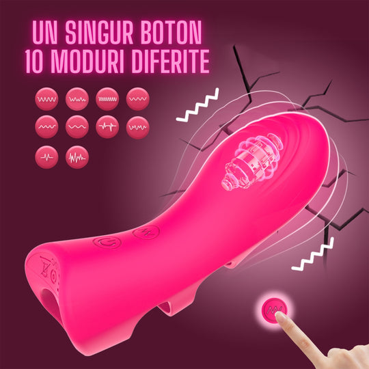 Vibrator LovePlay™ FingerVibe atasabil, cu 10 tipuri de vibratie diferite, rezistent la apa, silentios, incarcare prin USB, stimulare punct G si C, de dimensiuni mici, usor de transportat, din silicon, roz, elastic, 10, 5 x 3, 7 cm - LovePlay