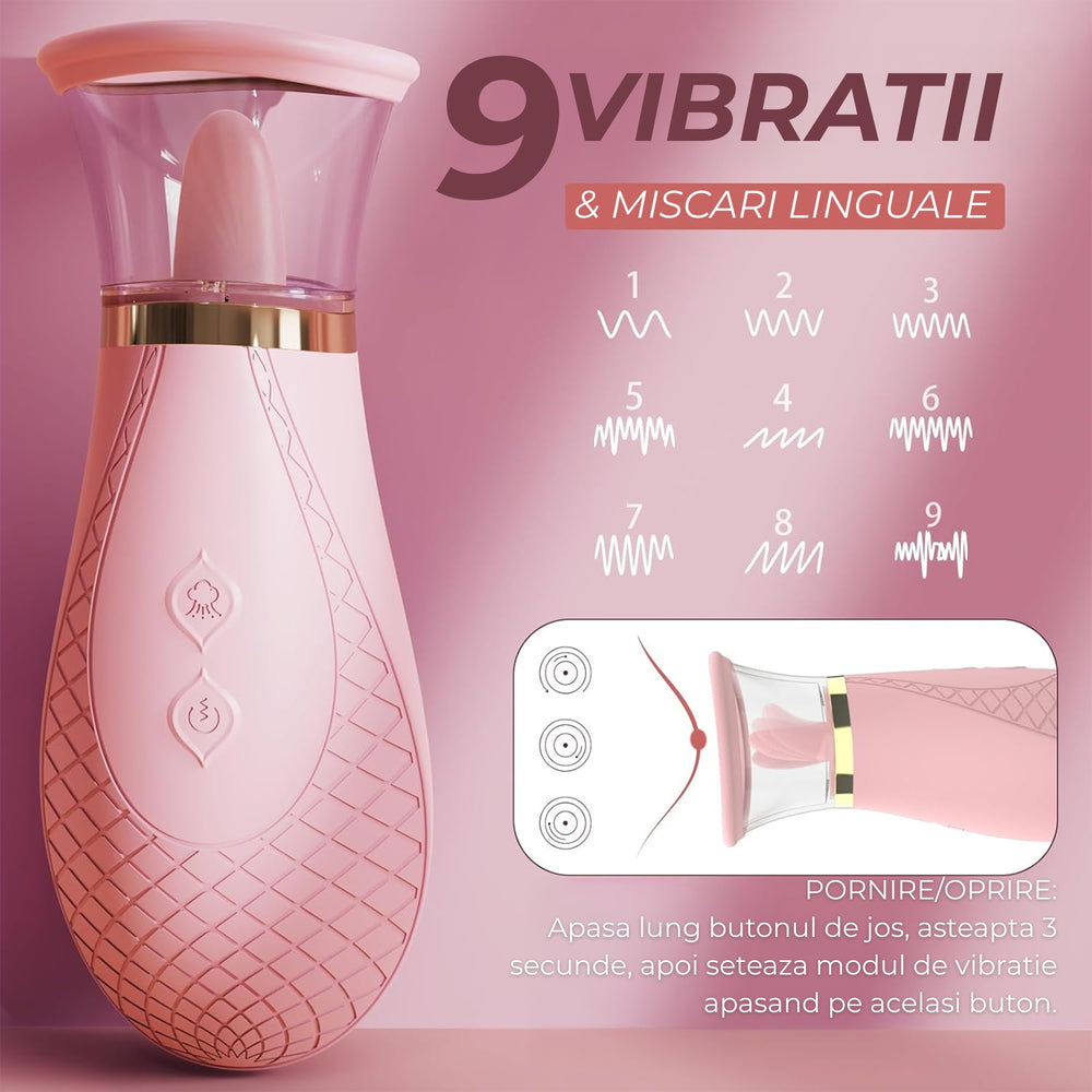 Vibrator Obsessia® VelvetKiss, cu 9 moduri de vibratie & 3 moduri de suctiune, dubla stimulare tip limba + aer-pulse, din silicon moale, reincarcabil USB, jucarii sexuale pentru femei, rezistent la apa IPX6, roz