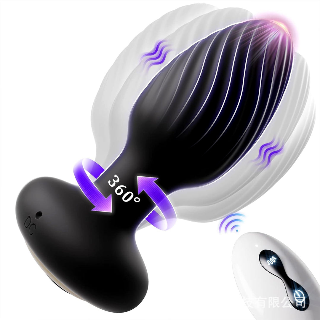 Dop Anal LovePlay™ TwistGasm, cu 7 moduri de rotatii, 7 moduri de vibratii, pentru stimulare anala si punct G, control prin aplicatie, telecomanda, rezistent la apa, din silicon, negru, diametru 35 mm - LovePlay