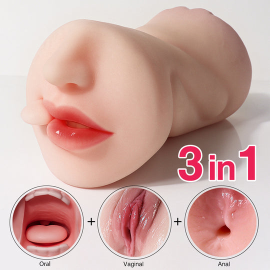 Masturbator ultra-realistic 3 gauri LovePlay™ MissHer, cu limba, din silicon premium non-toxic, canale cu striatii 3D, design anatomic, usor de curatat, rezistent la apa, 21 x 10 x 8.5 cm, 760 g - LovePlay
