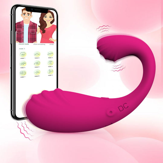Vibrator 2in1 LovePlay™ Delfy, cu 9 tipuri diferite de vibratie, cu striatii, pentru stimulare vaginala si clitoridiana, rezistent la apa, control de la distanta prin aplicatie, incarcare USB, 9.2 x 1.8 cm - LovePlay