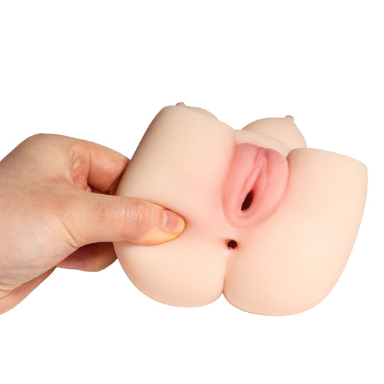 Masturbator doua canale LovePlay™ SexDoll plus size, ultra-realist, cu striatii 3D, din silicon premium non-toxic, design coapse anatomic, usor de curatat, din silicon elastic si rezistent la apa, 12 x 16 x 8 cm, 850 g - LovePlay