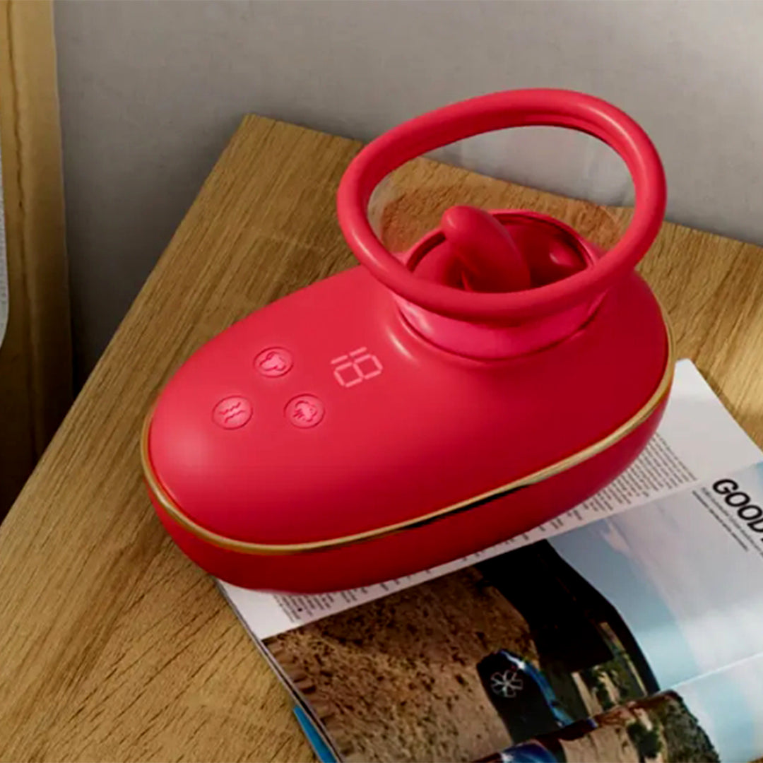 Vibrator LovePlay™ Buzz 3 in 1 cu 9 feluri de vibratie, stimulare orala si suctie, rezistent la apa, din silicon, rosu, reincarcabil magnetic USB, design discret, usor de folosit, 11 x 6 cm, 161 g - LovePlay