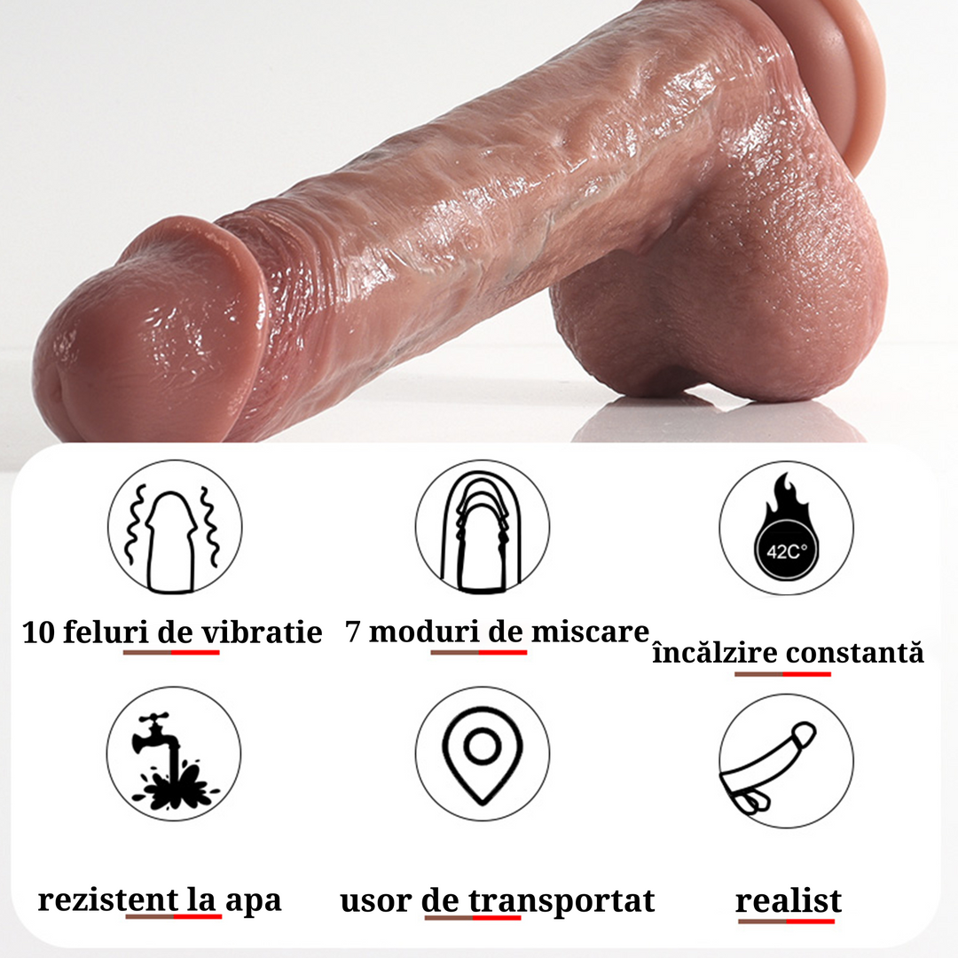 Dildo Ultra-Realistic Loveplay™ ClassicHim, cu vene proeminente, din silicon, cu 10 frecvente diferite de vibratie, 7 frecvente diferite de penetrare, cu functie de incalzire si rotatie, rezistent la apa, 15 cm x 12.5 cm - LovePlay