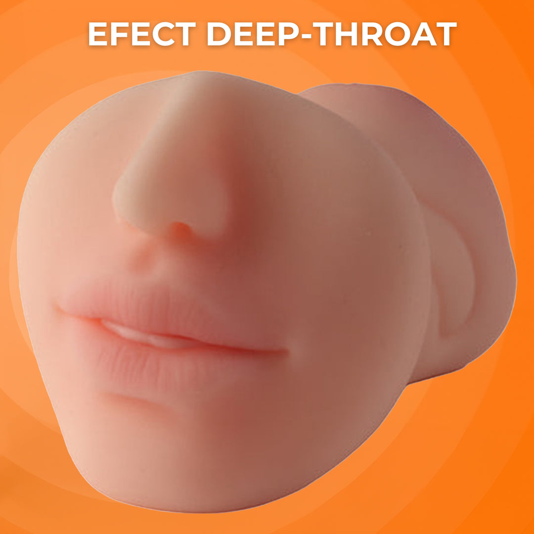 Masturbator ultra-realist 3 gauri LovePlay™ MissHer, din silicon premium non-toxic, stimulare orala si efect deep throat, canal oral, vaginal si anal cu striatii 3D, design turnat pe model real, usor de curatat, rezistent la apa - LovePlay