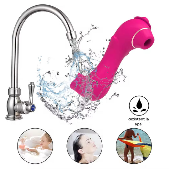 Vibrator 2in1 LovePlay ™ portabil, cu 10 moduri diferite de vibratie, functie de stimulare orala, efect suctie, silentios, din silicon, rezistent la apa, incarcare USB - LovePlay