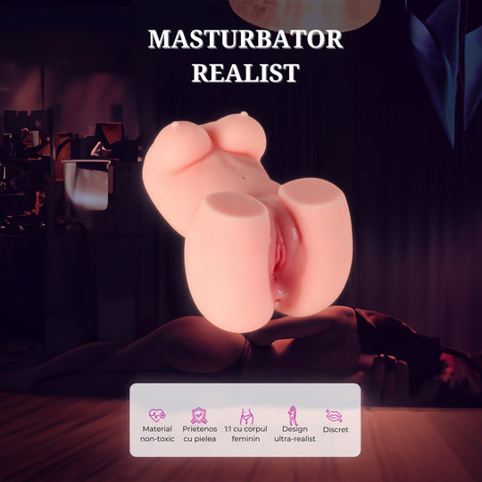 Masturbator Loveplay™ Mini SexDoll, din silicon non-toxic, design realist, textura 3D, cu canal vaginal si anal, usor de curatat, rezistent la apa, discret - LovePlay