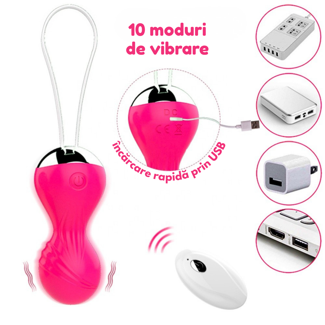 Bile vaginale Obsessia® LoveBalls, pentru exerciții Kegel, 3 niveluri progresive, bilă vibrantă cu 10 moduri, silicon medical, roz